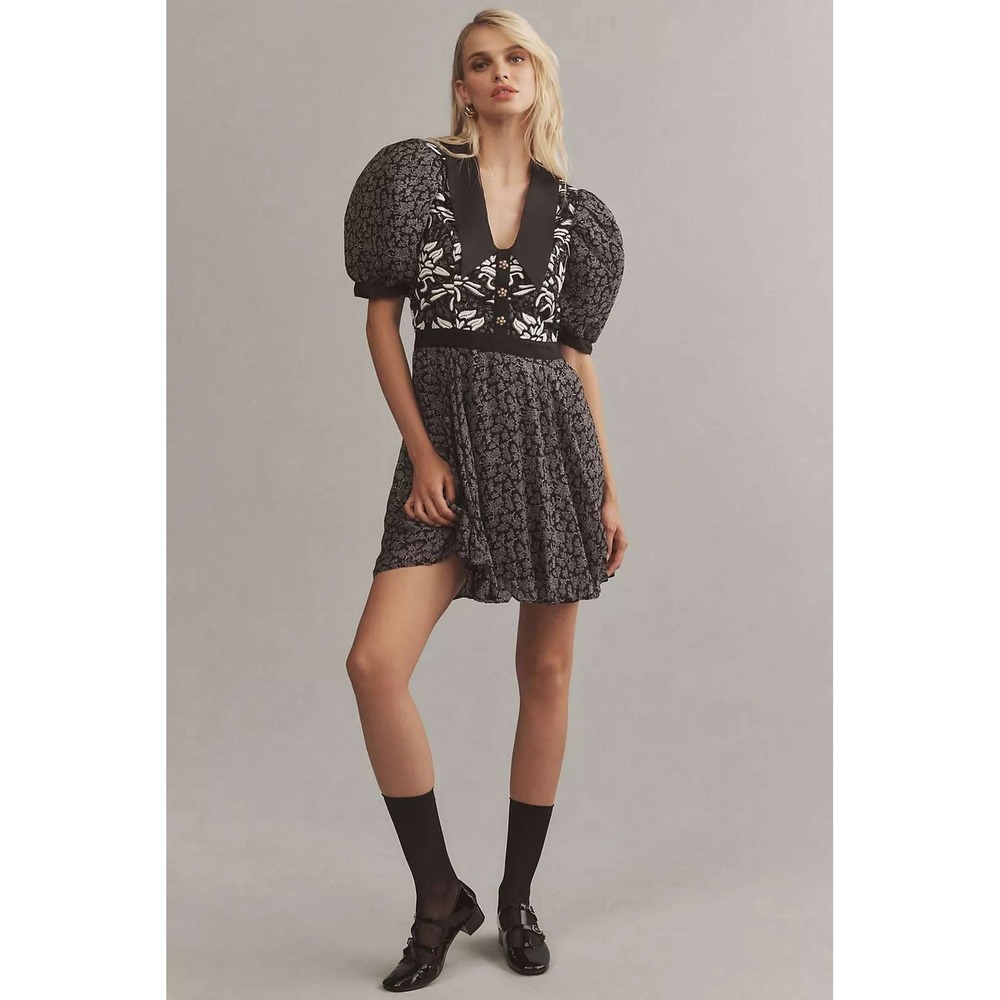 Anthropologie Floral Lace Puff Sleeve Mini Dress Women XS Black White - Picture 1 of 4